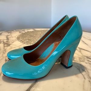 Fluevog Miracles Medugorje patent aqua heels 6.5
